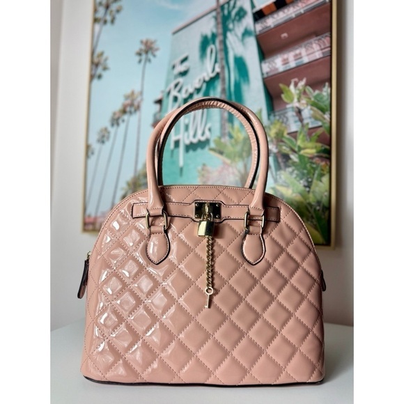 Aldo Light Pastel Pink Quilted Textured Patent Faux Leather Purse Satchel Bag - Picture 6 of 8